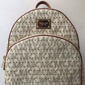 MK Michael Kors Monogram Gold Stud White Backpack